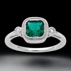 Lab Created Emerald and Diamond Ring in 10kt White Gold